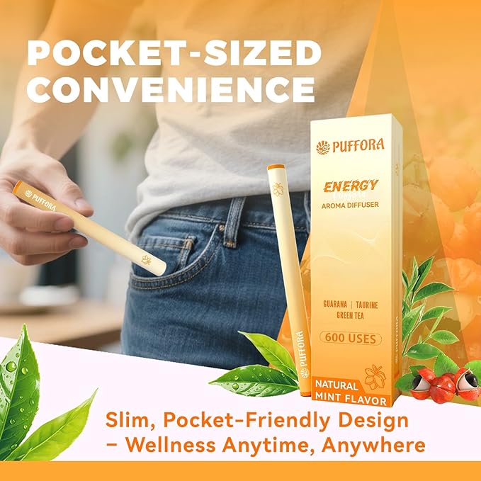 Energy Diffuser Pen, Extracts of Guarana, Green Tea & Taurine, Vitamin B12 & B6, Support for Energy & Focus Boost, Body Relaxation, Natural Alternative - 600 Uses