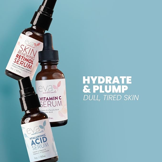 Eva Naturals Anti-Aging Serum Set – Vitamin C, Retinol & Hyaluronic Acid Serums for Face, Hydrating Bundle for Skin, Fine Lines, Wrinkles, Collagen, Firming, Plumping, Radiance & Youthful Hydration