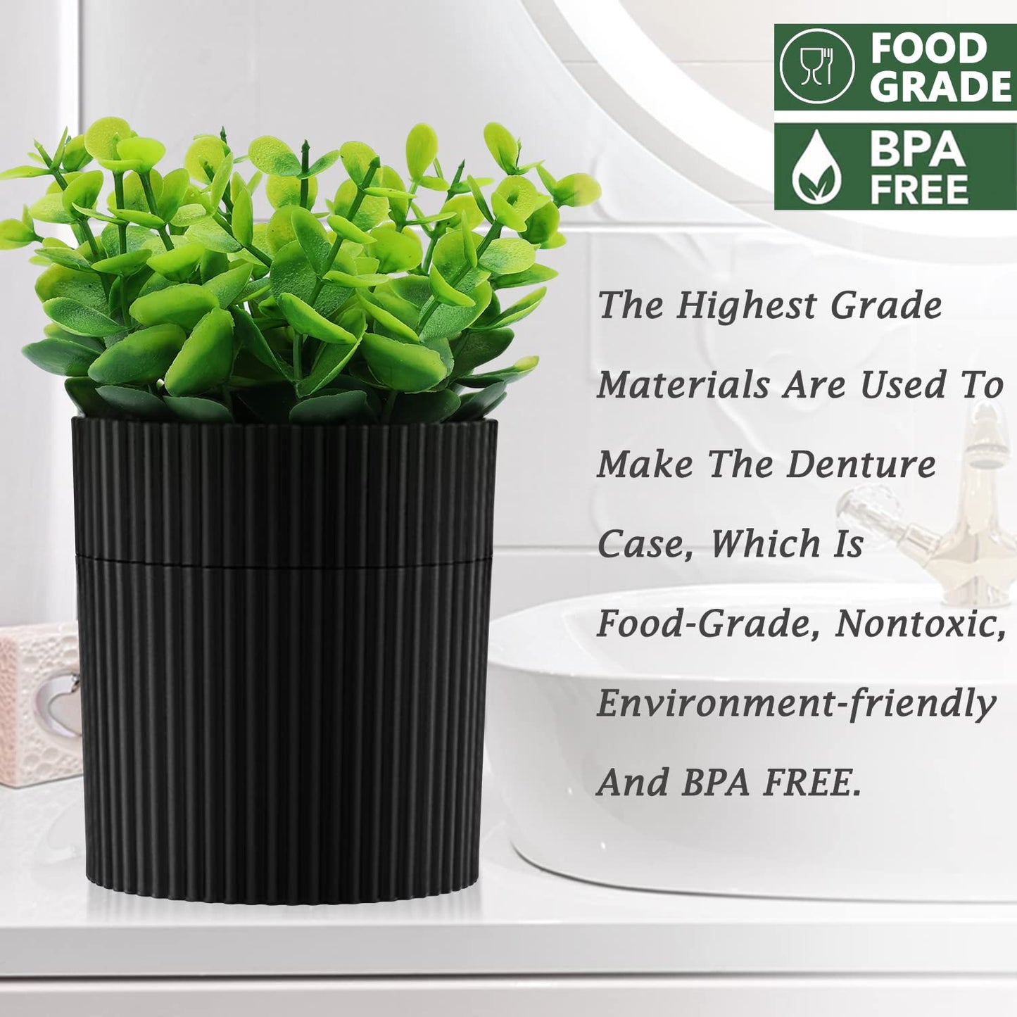 Denture Bath, Invisible Denture Case Designed As Artificial Eucalyptus Potted Plants, Denture Cup With Strainer For Retainer, Mouth Guard & Dentures, Perfect For Home Decoration…