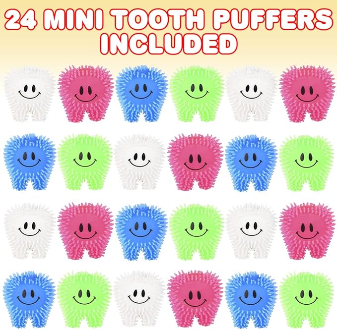 ArtCreativity Mini Tooth Puffers, Set of 24, Squeezy Toys for Kids with Soft Spikes, Sensory Fidget Toys for Stress Relief in Assorted Colors, Goodie Bag Stuffers, and Dentist Office Giveaways
