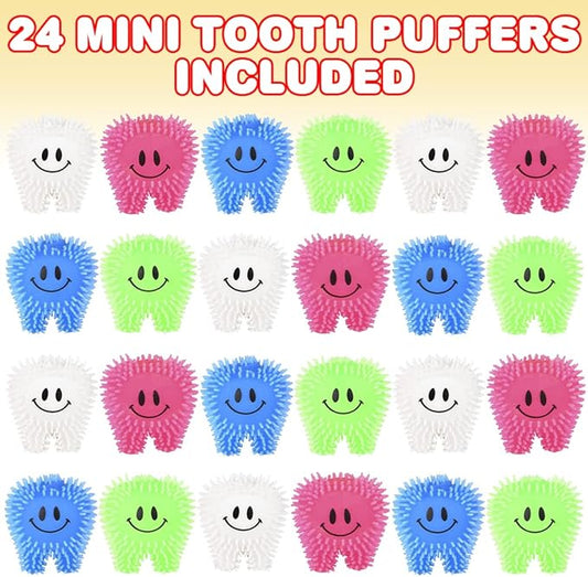ArtCreativity Mini Tooth Puffers, Set of 24, Squeezy Toys for Kids with Soft Spikes, Sensory Fidget Toys for Stress Relief in Assorted Colors, Goodie Bag Stuffers, and Dentist Office Giveaways