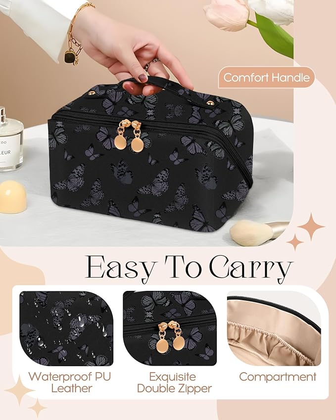 Bistup Makeup Bag Travel Cosmetic Bag Toiletry Make Up Bags Cute Women Large Capacity Big Medium Leather Butterfly Aesthetic Portable Teen Girl Teenage Foldable Expandable Compact Open Flat Zip