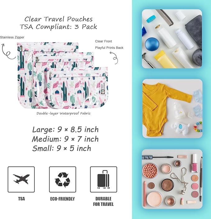 TSA Approved Toiletry Bag, Set of 3 Clear Travel Toiletry Bag Quart Size Zipper Travel Pouch, Waterproof Makeup Cosmetic Bag for Women Men Kids Toiletries Carry on, Cacti B