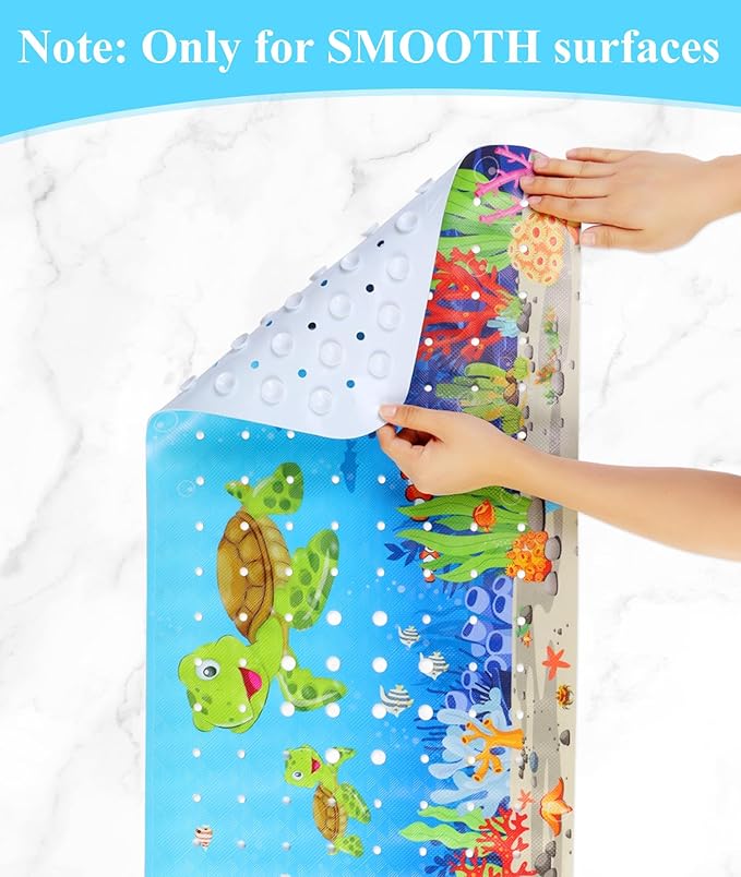 Bath Mat for Tub Non Slip, Machine Washable Anti-Slip Cartoon Baby Bathtub Shower Mat with Drain Holes and Suction Cups for Toddler & Kids (40 Inch x 16 Inch-Rectangular, Turtles)