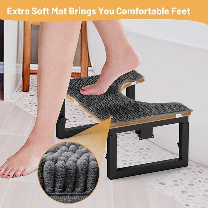 Bamboo Toilet Stool Foldable, 7 in, 8 in Or 9 in Adjustable Heights Squat Stool Potty for Adults Kids,Poop Step Stool with Extra Soft Microfiber Rug, Improve Bathroom Posture and Comfort