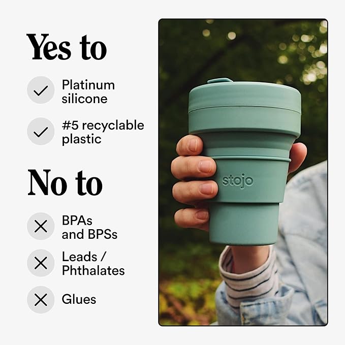 STOJO Collapsible Travel Cup - Reusable To-Go Pocket Size Silicone Bottle for Hot and Cold Drinks - Perfect for Camping - Microwave & Dishwasher Safe (Eucalyptus, 12 Ounce (Pack of 1) - No Straw)