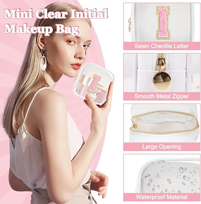Mini Clear Personalized Initial Makeup Bag,Nylon Preppy A-Z Chenille Letter Patch Zipper Cosmetic Bag, Small Cute Beach Pouch Travel Purse Sanitary Napkin Storage Bag for Women Girls(White-Pink I)