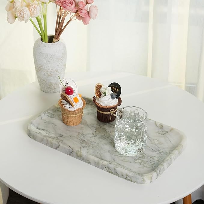 Marble Vanity Tray, Large Stone Bathroom Tray for Countertop, 14'' African Gem Genuine Marble Decorative Tray for Dresser, Green Kitchen Trays for Counter,Perfume Storage, Non-Resin/Ceramic