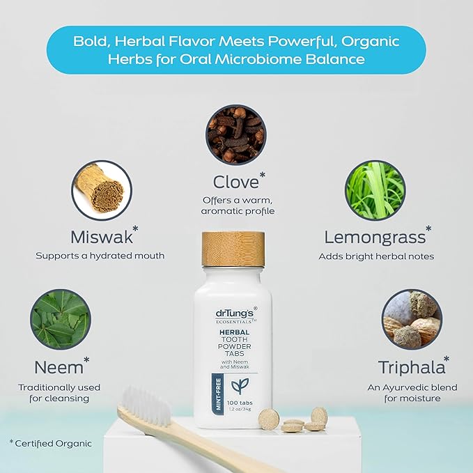 drTung's Herbal Toothpaste Tablets - Toothpaste Tabs for Dry Mouth Relief, Natural Tooth Powder Tablets for Fresh Breath, Fluoride Free, Travel Size, Vegan, Non-GMO - Mint-Free (100 Tabs)