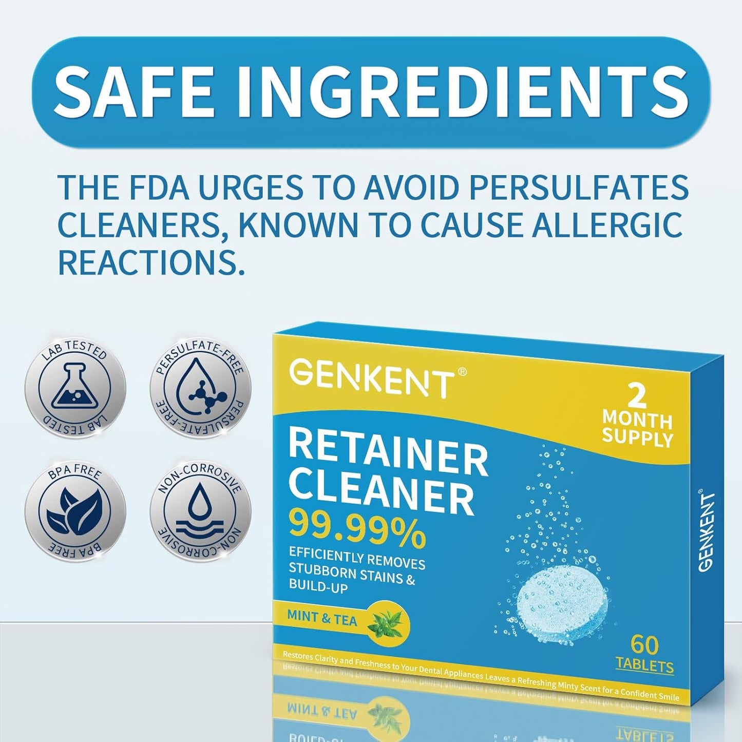 GENKENT Retainer Cleaner Tablets for Invisalign, Mouth Guard, Night Guard and More Dental Appliances, 60 Denture Cleaning Tablets