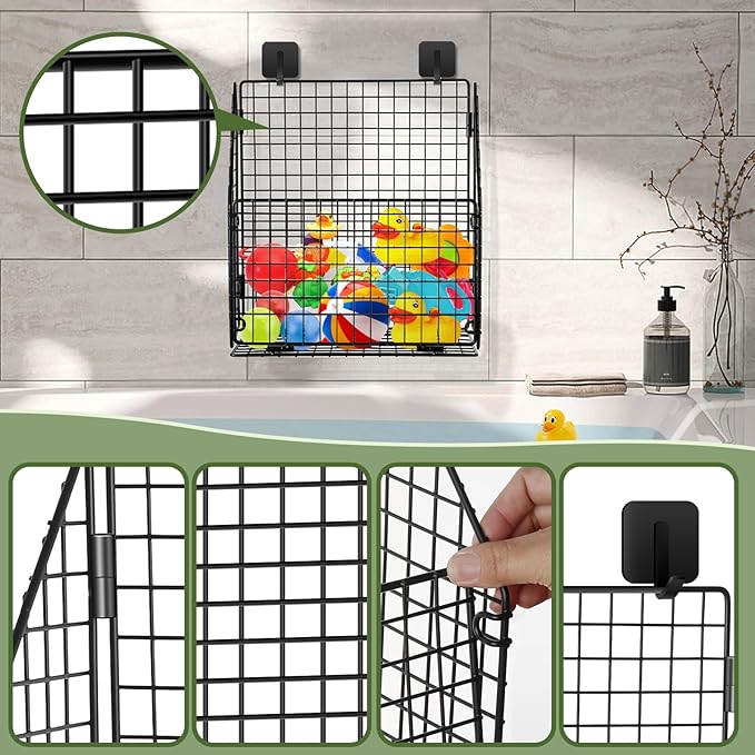 Large Bath Toy Storage, Metal Bathtub Shower Toy Holder, Foldable bath Tub Toy Organizers Black, Bathroom Toy Storage with Drainage for Sorting Toys/Clothes/Toiletries
