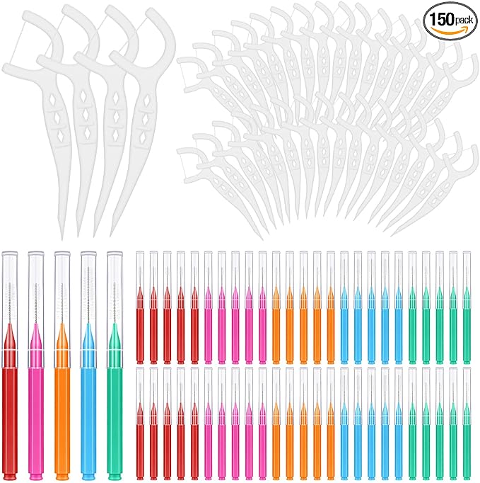 150Pcs Interdental Brushes & Floss Picks Kit, 100Pcs Dental Floss Picks & 50Pcs Braces Brush in 5Sizes, Bendable Braces Flossers Interdental Brushes Between Teeth Oral Tooth Braces Cleaner Kit