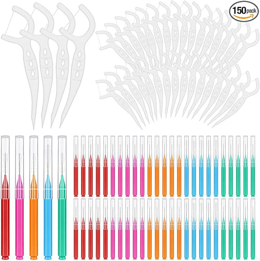 150Pcs Interdental Brushes & Floss Picks Kit, 100Pcs Dental Floss Picks & 50Pcs Braces Brush in 5Sizes, Bendable Braces Flossers Interdental Brushes Between Teeth Oral Tooth Braces Cleaner Kit