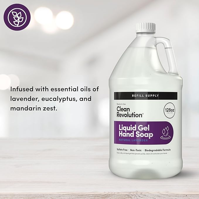 Clean Revolution Liquid Gel Hand Soap, Silky Rich Liquid, Quick Lather, Fast Rinsing, Contains Real Essential Oils (Natural Lavender) 128 Fl Oz