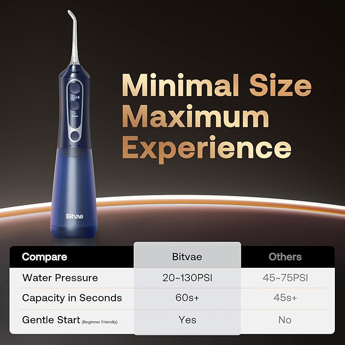 Bitvae Water Dental Flosser Teeth Pick, Cordless Flosser for Travel with 6 Jet Tips, 3 Modes 5 intensities, IPX7 Waterproof Portable & Rechargeable Oral Irrigator Cleaner, Midnight Blue
