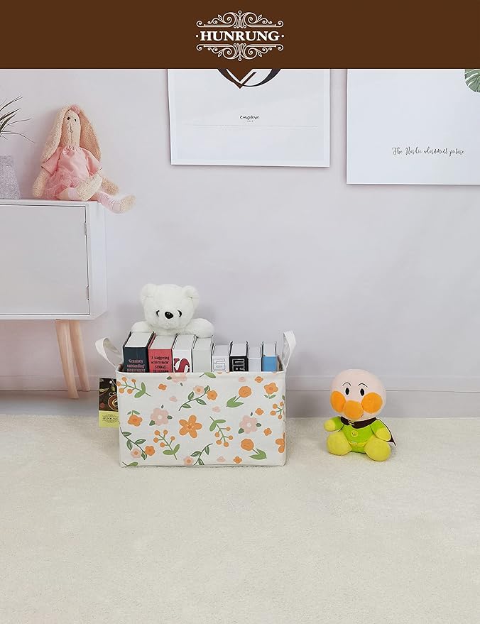 HUNRUNG Rectangle Storage Basket Cute Canvas Organizer Bin for Pet/Children Toys, Books, Clothes Perfect for Rooms/Playroom(Rec-Orange Flower)