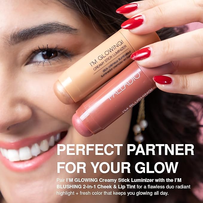 Palladio I'm Blushing 2-in-1 Cheek and Lip Tint, Buildable Lightweight Cream Blush, Sheer Multi Stick Hydrating formula, All day wear, Easy Application, Shimmery, Blends Perfectly onto Skin, Lovely