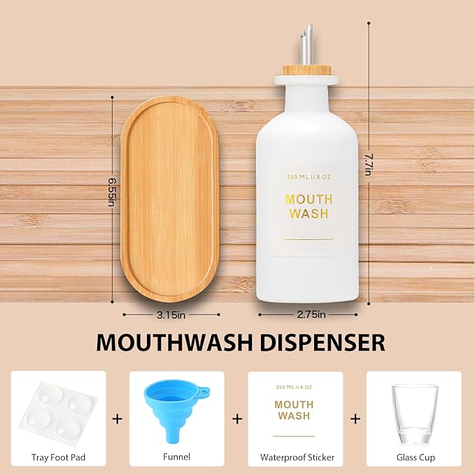 11.8OZ Mouthwash Dispenser for Bathroom with Bamboo & Stainless Steel Pour Spout, Mouthwash Cups Reusable, Bamboo Tray, and Elegant Gold Label. Set of 2（White