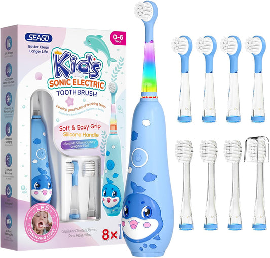 SEAGO Kids Electric Toothbrushes Rechargeable, Toddler Electric Toothbrush with Magnetic Charging, LED Observing Light, 8 Toothbrush Heads for Ages 2-4-6 Boys Girls (Navy Blue)