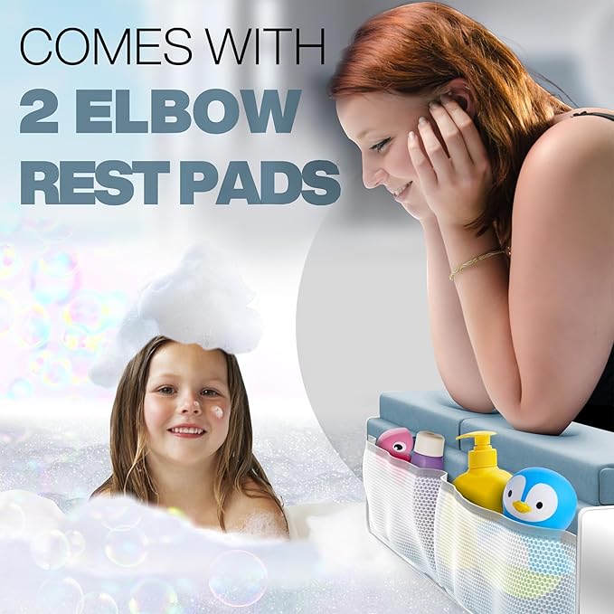 Comfortable Bath Kneeler and Elbow Kneeling Rest Pad for Baby Bathing Parents - Painless Foam Mat with Toy Organizer Pockets - Quick Drying, Foldable, Non-Slip for Baby and Toddler Bathing - Blue