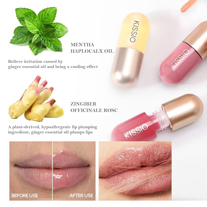 KISSIO Lip Plumper,Color Lip Plumper Gloss,Shimmer,Plant Extracts Plumping Lips Serum,Moisturizing Gloss for Fuller Lips and Hydrated,5.5ml,01 Lemonade