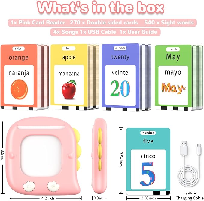 Kidzdo 520 Bilingual Spanish English Talking Flash Cards, Christmas Birthday Gifts for 2 3 4 5 6 Year Old Girls, Language Pocket Speech Therapy Toys, Portable Toddlers Toys for Ages 2-6 Kids, Pink