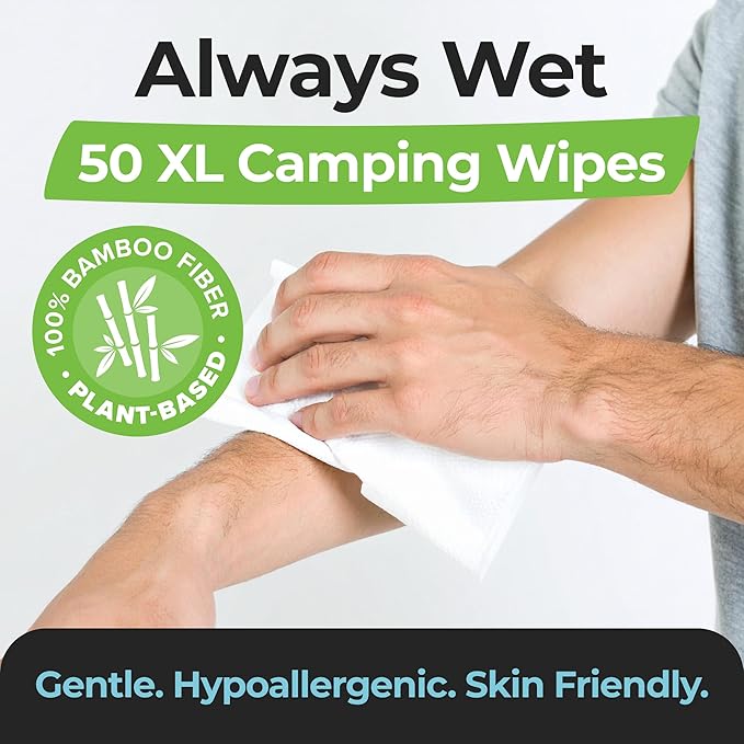 Camping Essentials - Body Wipes for Camping Adults Bathing No Rinse - 50 XL Deodorant Bathing Shower Wipes For Men Women - Disposable Washcloths & Personal Cleansing - Travel, Workout