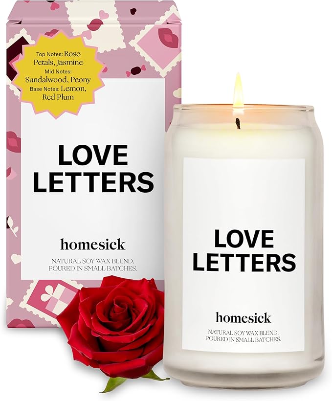 Homesick Scented Candles for Home (Love Letters) - 13.75 oz Natural Long-Lasting Soy Wax Blend Jar Candle Gifts for Women & Men, 60-80 Hours Burn Time - Notes of Rose, Jasmine & Peony
