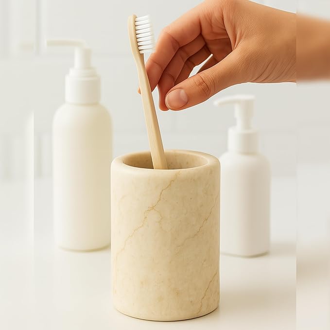 Creative Home Natural Champagne Marble Tumbler Solid Stone Toothbrush Holder Cup Bathroom Vanity Makeup Brush Pen Organizer Handcrafted Heavyweight, 3.5 Diam. x 4.5 H Inch