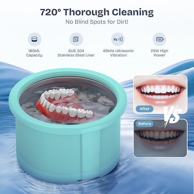 2025 Ultrasonic Retainer Cleaner- 45KHz 25W Portable Denture Cleaner with Drying Function and Removable Inner for Dentures, Mouth Guards, Aligners, Jewelry and More (Blue)
