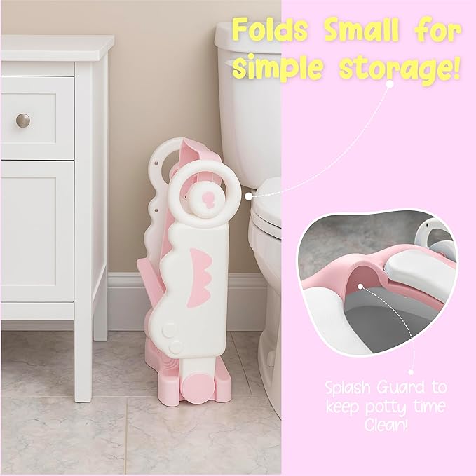 Musical & Sound Toddler Potty Training Seat w/Step Stool Ladder - Collapsible & Adjustable Toilet, Pre Assembled Toddler Toilet Seat w/Music & Sounds - Splash Guard & Anti-Slip Steps - Pink