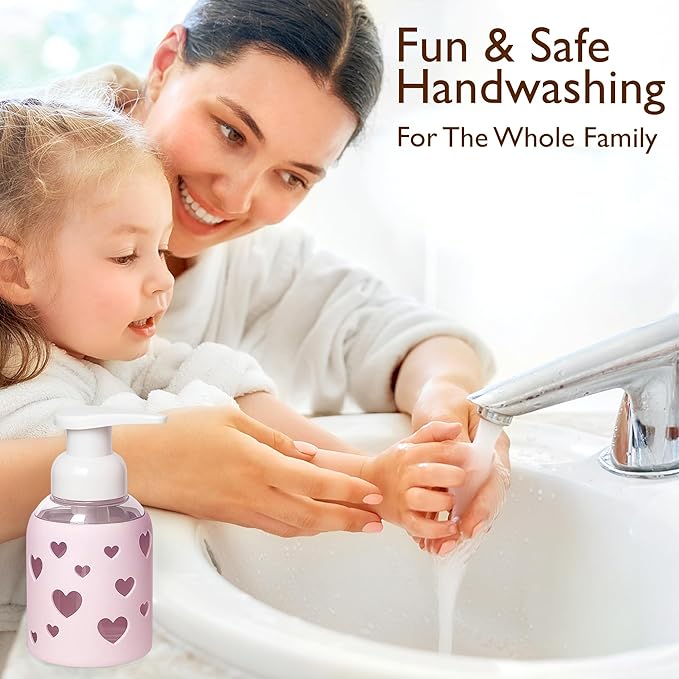 SoCal Suds & Company Glass Foaming Hand Soap Dispenser, Heart Silicone Sleeve, Refillable Pump Bottle for Kids, Baby Wash & Shampoo, Ideal for Home Use, Soft Pink 8oz