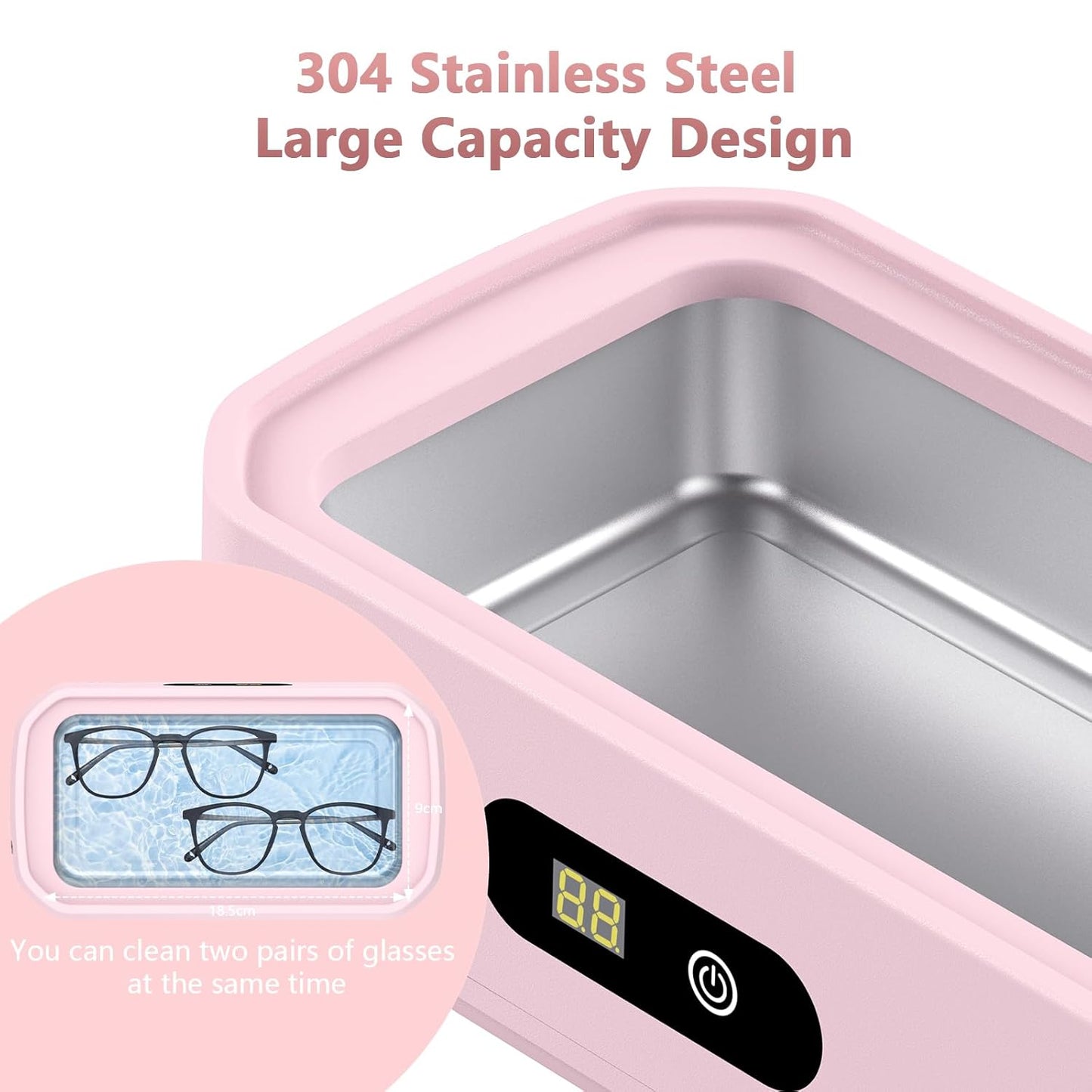 2025 Upgrade Large Capacity Ultrasonic Cleaner, 50Khz Ultrasonic Cleaner Machine with 5 Modes Timer for Glasses Dentures-304 Stainless Steel Tank, Pink