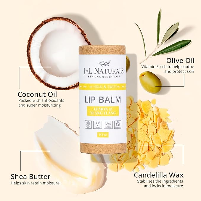 J&L Naturals Sustainable Lip Balm | Organic Ingredients, 100% Natural, Eco-Friendly | Cruelty Free, Vegan, Paraben Free, Silicone Free (Variety, 5-Piece Bundle)
