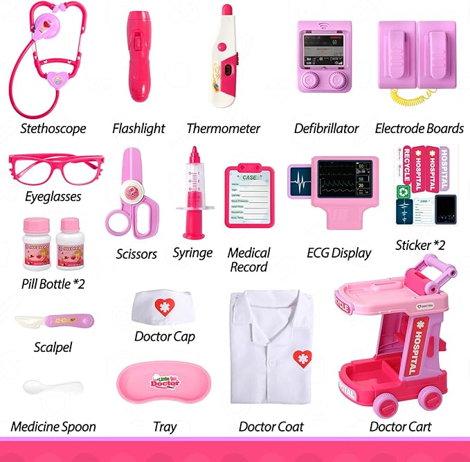 Liberry Doctor Kit for Toddlers Ages 2 3 4 5, Pretend Kids Doctor Playset with Cart, Costume and Stethoscope, Role Play Medical Toys Christmas Birthday Gift for Girls Boys (Pink)