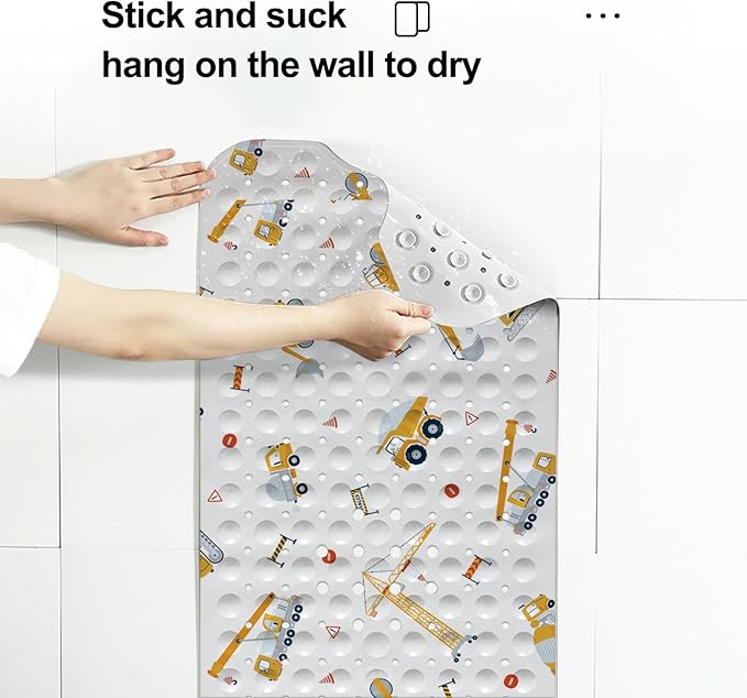 LNOND Bath Mat for Tub for Kids, Boy Toddler Bathtub mat Non Slip, Yellow Excavator Kids Bath Mats for Bathroom Non Slip with Drain Holes and Suction Cups,Machine Washable (40 X 16 Inch)