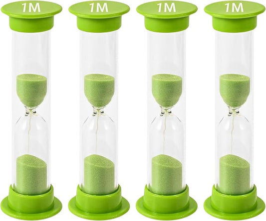 Sand Timer for Kids - 1 Minute Set of 4 Hour Glass - Green Color- Acrylic Covered for Classroom, Home & Kids Room