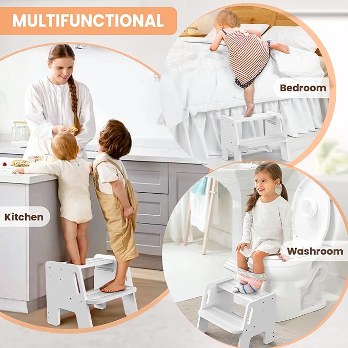 Toddler Step Stool, Wooden Height-Adjustable 2-Step Stool for Kids, Potty Training Stool with Handles for Bathroom Sink, Kitchen, Bedroom-White