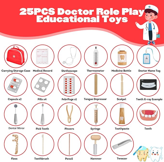 Doctor Kit for Kids, Dentist Pretend Play Educational Doctor Toy Set, 25Pcs Wooden Medical Kit with Stethoscope & Bag & Pretend Teeth & Doctor Toys, Role Play Toys for Girls and Boys 3-8 Years Old
