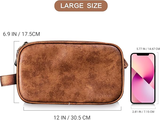Elviros Travel Toiletry Bag Gift for Men，Mens Toiletries Bag Gifts Set Shaving Dopp Kit Water-resistant Bathroom Toiletries Organizer PU Leather Cosmetic Bags 2 Pack Dark Brown and Brown