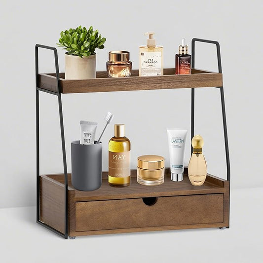2-Tier Bathroom Organizer Countertop with Drawer, Wood Counter Organizer for Bathroom Decor, Sink Shelf for Vanity Storage, Makeup Tray for Perfume Skincare Bedroom Kitchen Corner