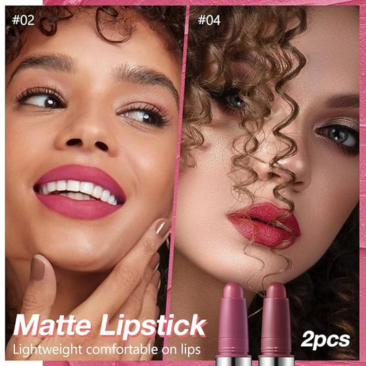 2Pcs Matte Lipstick Crayon - High Pigment Creamy Formula, Waterproof Long Lasting, Smooth Glide Application, Non-Sticklipstick, Ultra Thin Lightweight, Velvet Matte Lip Feel for Women 02#+04#