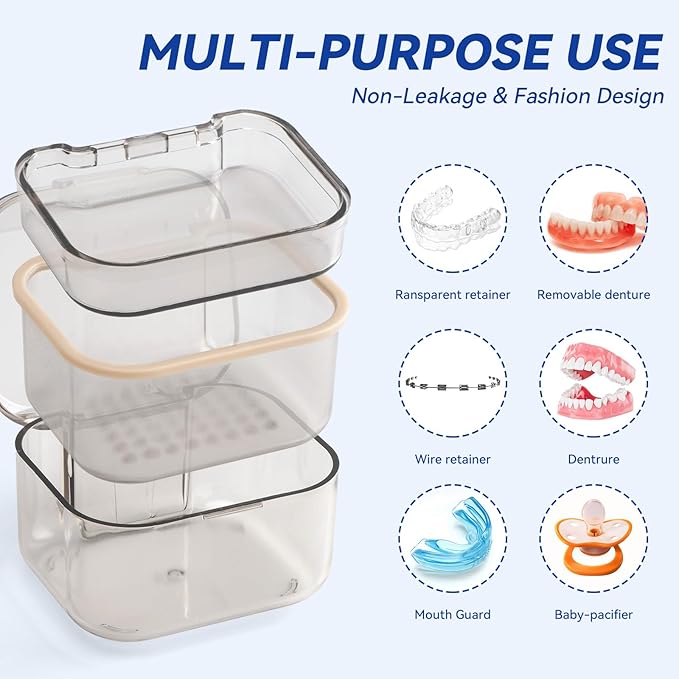Retainer Case Box, Denture Case with Lid, Denture Cup for Partial Dentures,Mouth Guard&braces,Dentures Soaking Container Storage for Travel (Black)