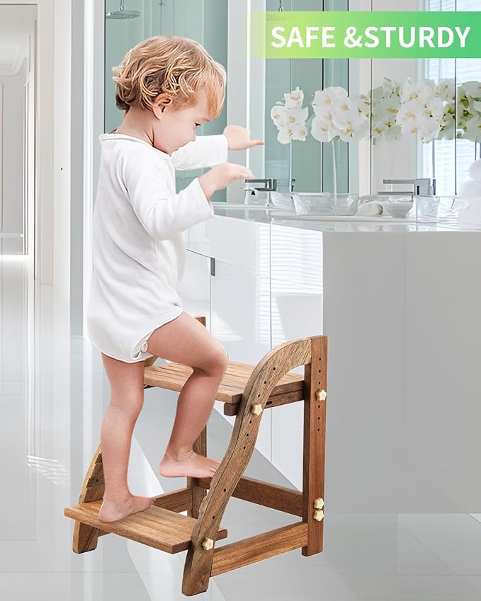 Wooden Step Stool for Kids, Toddler Adjustable Two Step Stool for Bathroom, Toilet Stool for Potty Training Stepping Stool with 300 lbs Capacity (Black Walnut)