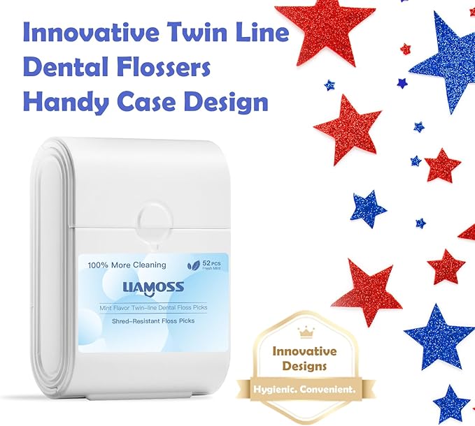 Twin Line Floss Picks Handy Case,2 Box Toothpicks Portable Case 104 Count Shred Resistant Flossers for Adults,Comfort Floss Sticks,Perfect for Tight Teeth,Super-Cleansing Design(White)…