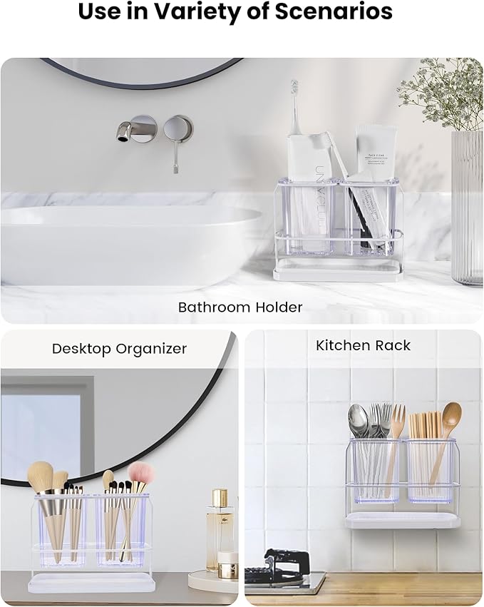 KONE Clear Toothbrush Holders for Bathroom, 2 Cups Wall Mounted, Dry & Wet Separation, Organizers and Storage Set for Family Kids