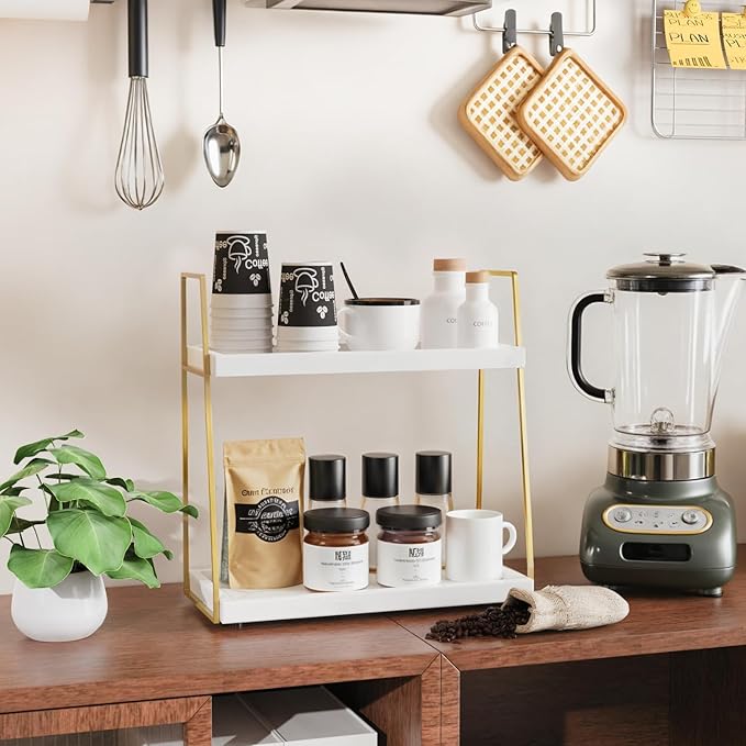 Bathroom Countertop Organizer, Counter Organizer for Modern Farmhouse Decor, Wooden Vanity Shelf for Makeup Storage, 2 Tier Stand Bathroom Tray for Perfume, Lotion Bottle, Toiletries, Plants