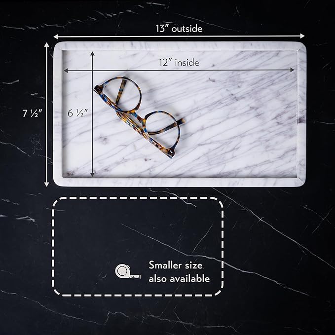 Cork & Mill Marble Tray for Bathroom Countertop, Kitchen Counter, or Catchall - 13" x 7½" Large Vanity Tray for Skincare or Perfume - Handcrafted Natural White Marble Stone Organizer