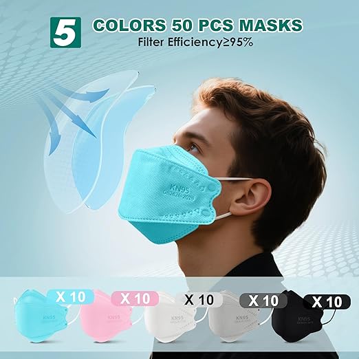LEMENT KN95 Face Masks - 50 Pack Breathable Comfortable Disposable Masks For Adult, Filter Efficiency≥95%, Elastic Ear Loops, 5 Colors