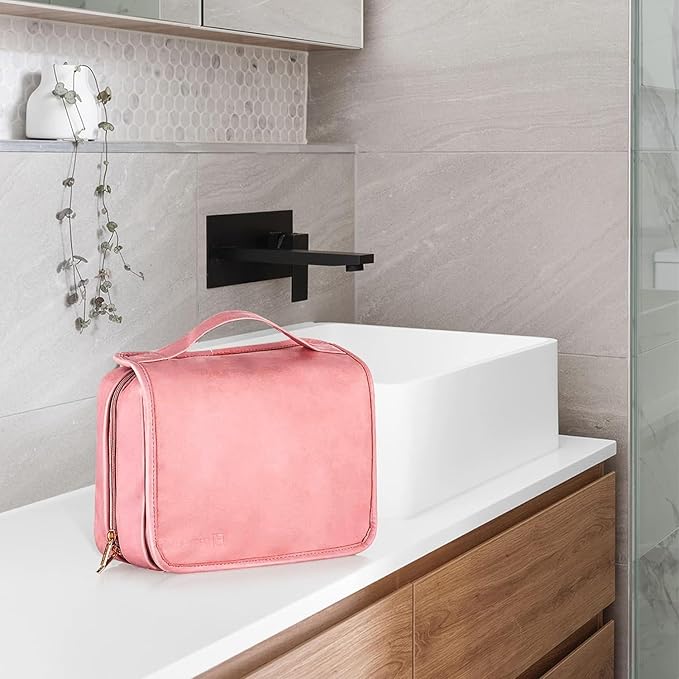 Elviros Hanging Travel Toiletry Bag for Women,3-in-1 Large Makeup Bag and Cosmetic Organizer,Vegan Leather Waterproof Skincare Case for Travel Size Toiletries and Accessories,Gift for Women